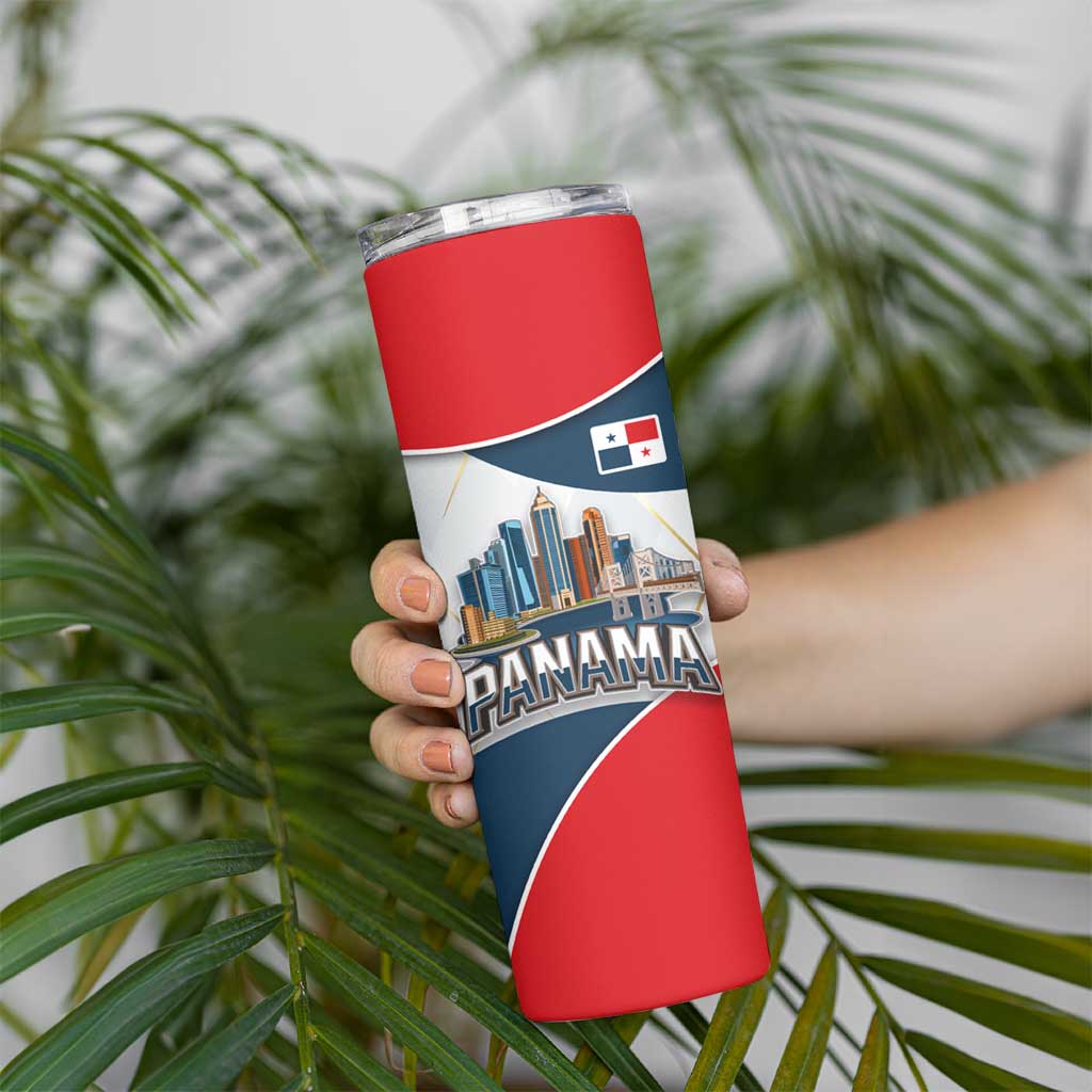 Panama City Skyline Skinny Tumbler with National Coat of Arms and Red Blue Flag Theme - Wonder Print Shop