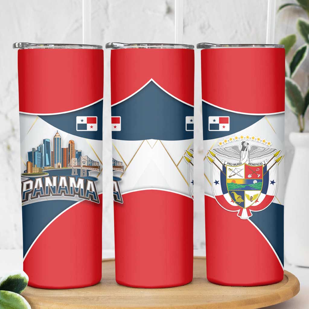 Panama City Skyline Skinny Tumbler with National Coat of Arms and Red Blue Flag Theme - Wonder Print Shop