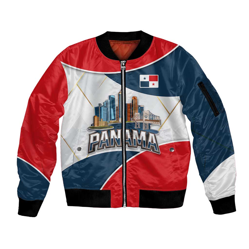 Panama City Skyline Sleeve Zip Bomber Jacket with National Coat of Arms and Red Blue Flag Theme - Wonder Print Shop