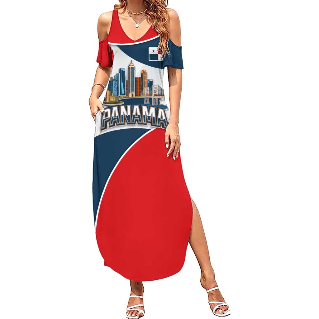 Panama City Skyline Summer Maxi Dress with National Coat of Arms and Red Blue Flag Theme - Wonder Print Shop