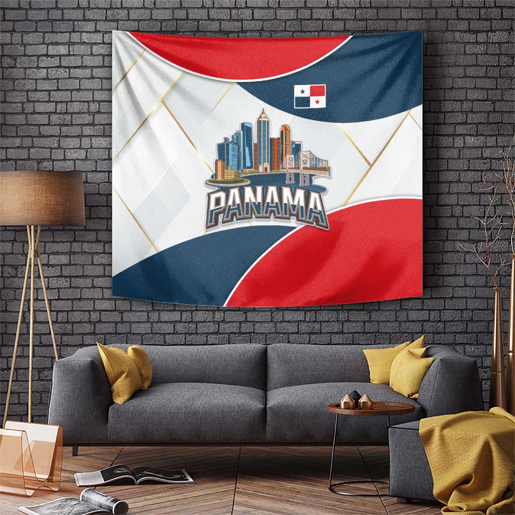 Panama City Skyline Tapestry with National Coat of Arms and Red Blue Flag Theme - Wonder Print Shop