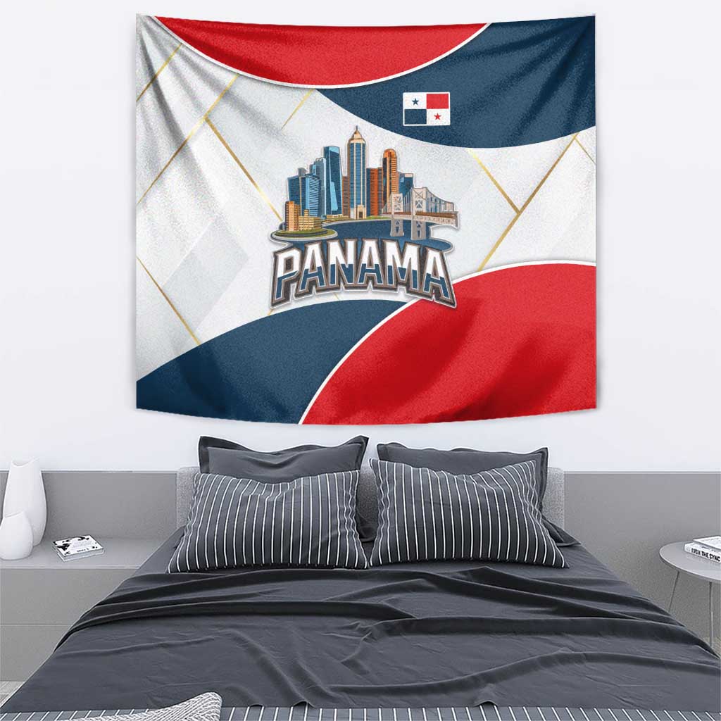 Panama City Skyline Tapestry with National Coat of Arms and Red Blue Flag Theme - Wonder Print Shop