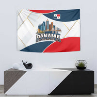 Panama City Skyline Tapestry with National Coat of Arms and Red Blue Flag Theme - Wonder Print Shop