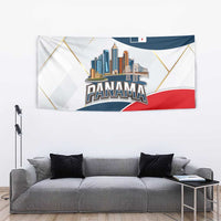 Panama City Skyline Tapestry with National Coat of Arms and Red Blue Flag Theme - Wonder Print Shop