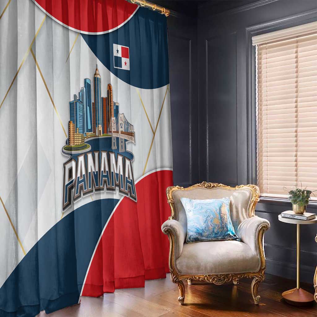 Panama City Skyline Window Curtain with National Coat of Arms and Red Blue Flag Theme - Wonder Print Shop