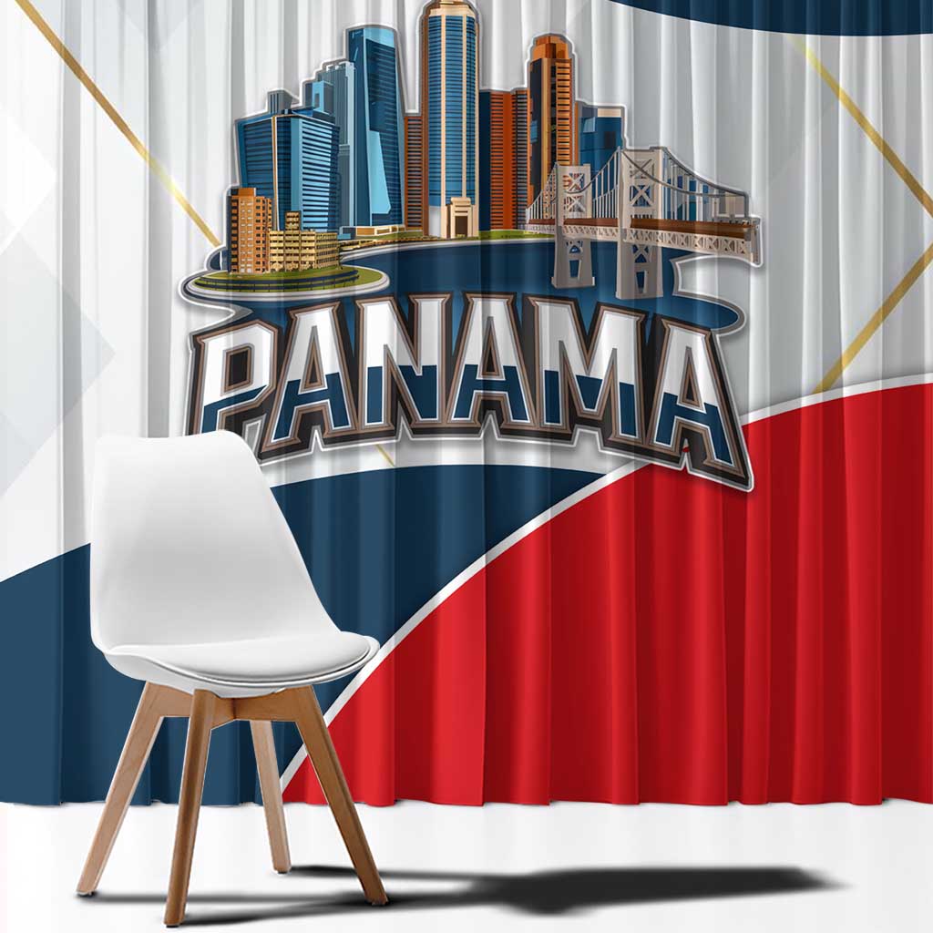 Panama City Skyline Window Curtain with National Coat of Arms and Red Blue Flag Theme - Wonder Print Shop