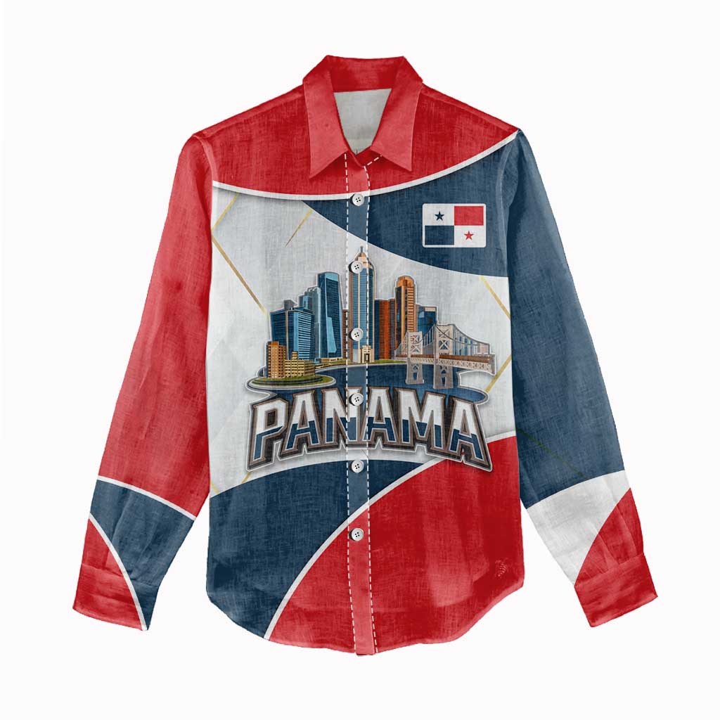 Panama City Skyline Women Casual Shirt with National Coat of Arms and Red Blue Flag Theme - Wonder Print Shop