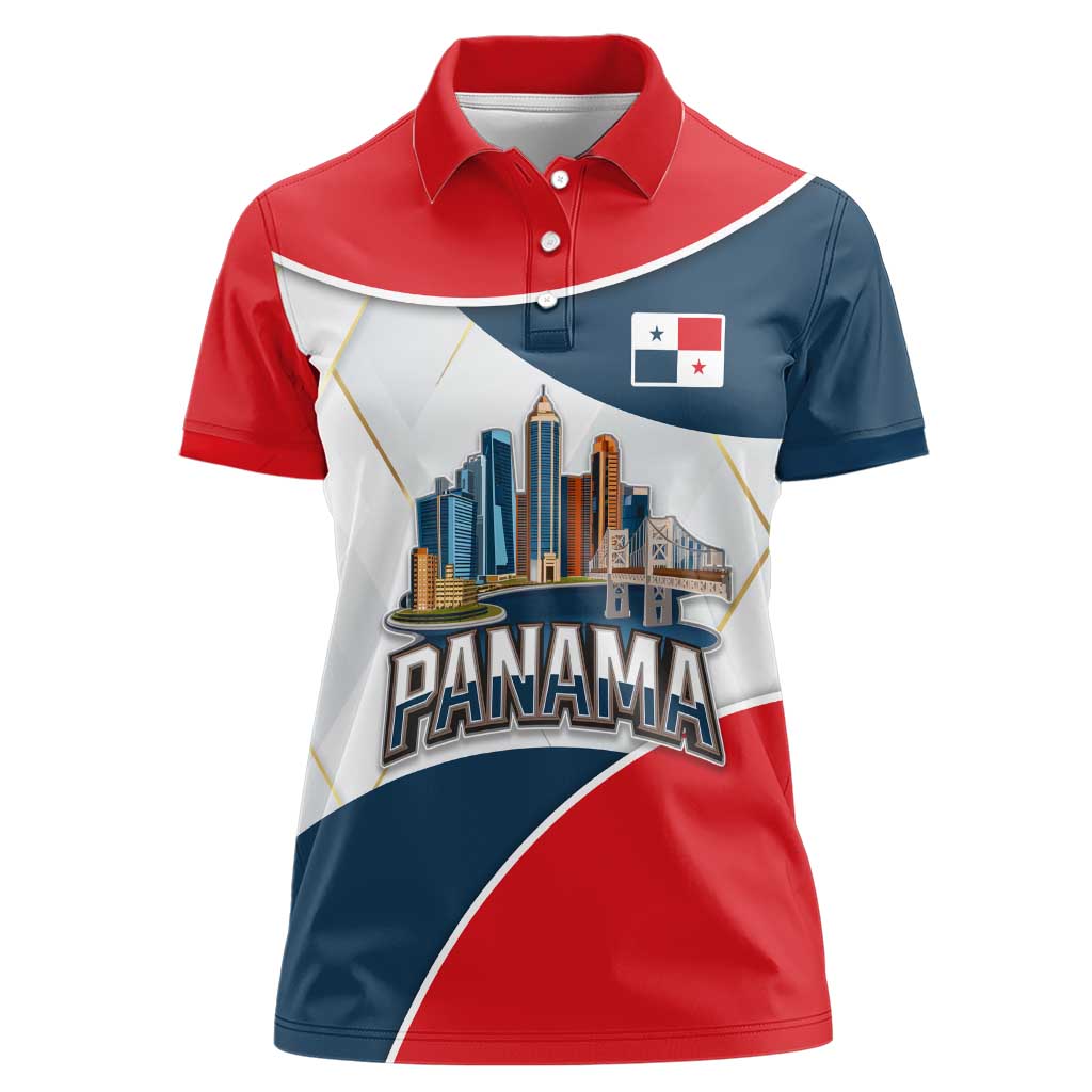 Panama City Skyline Women Polo Shirt with National Coat of Arms and Red Blue Flag Theme - Wonder Print Shop