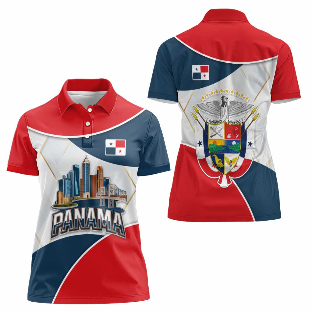 Panama City Skyline Women Polo Shirt with National Coat of Arms and Red Blue Flag Theme - Wonder Print Shop