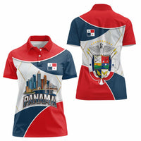 Panama City Skyline Women Polo Shirt with National Coat of Arms and Red Blue Flag Theme - Wonder Print Shop