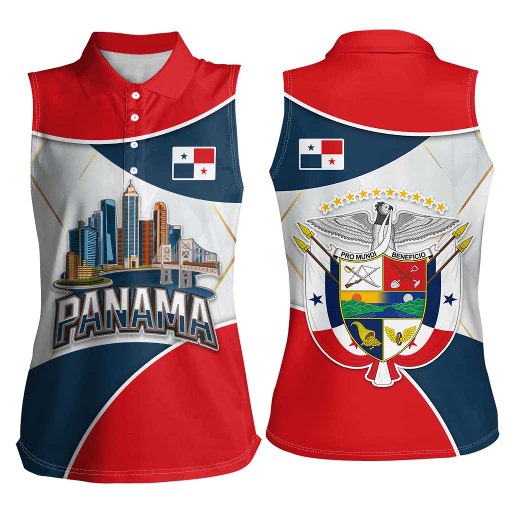 Panama City Skyline Women Sleeveless Polo Shirt with National Coat of Arms and Red Blue Flag Theme - Wonder Print Shop