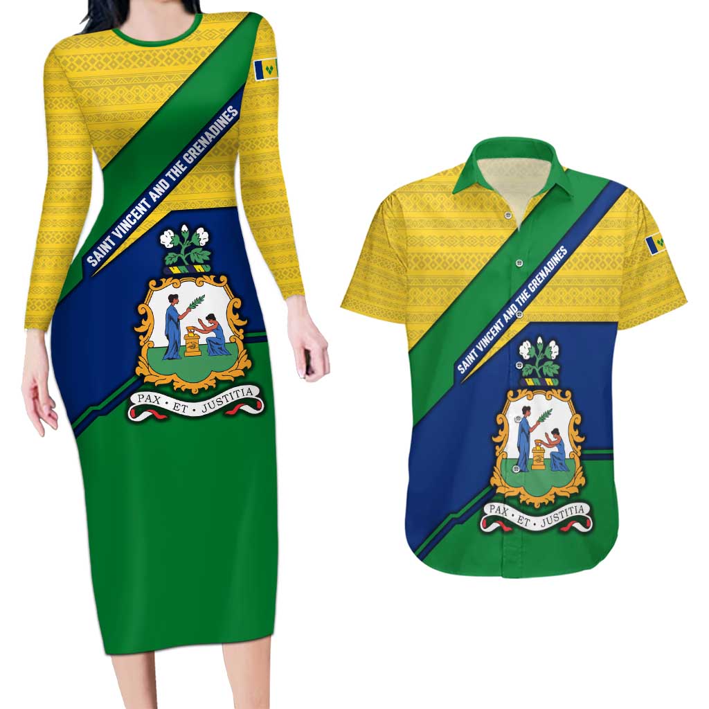 Saint Vincent and the Grenadines Flag Couples Matching Long Sleeve Bodycon Dress and Hawaiian Shirt Coat of Arms and National Colors - Wonder Print Shop