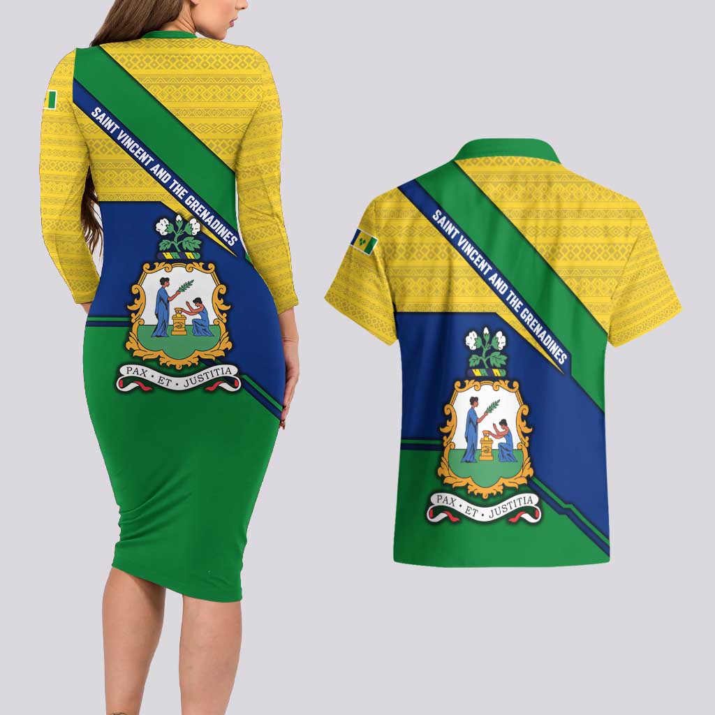 Saint Vincent and the Grenadines Flag Couples Matching Long Sleeve Bodycon Dress and Hawaiian Shirt Coat of Arms and National Colors - Wonder Print Shop
