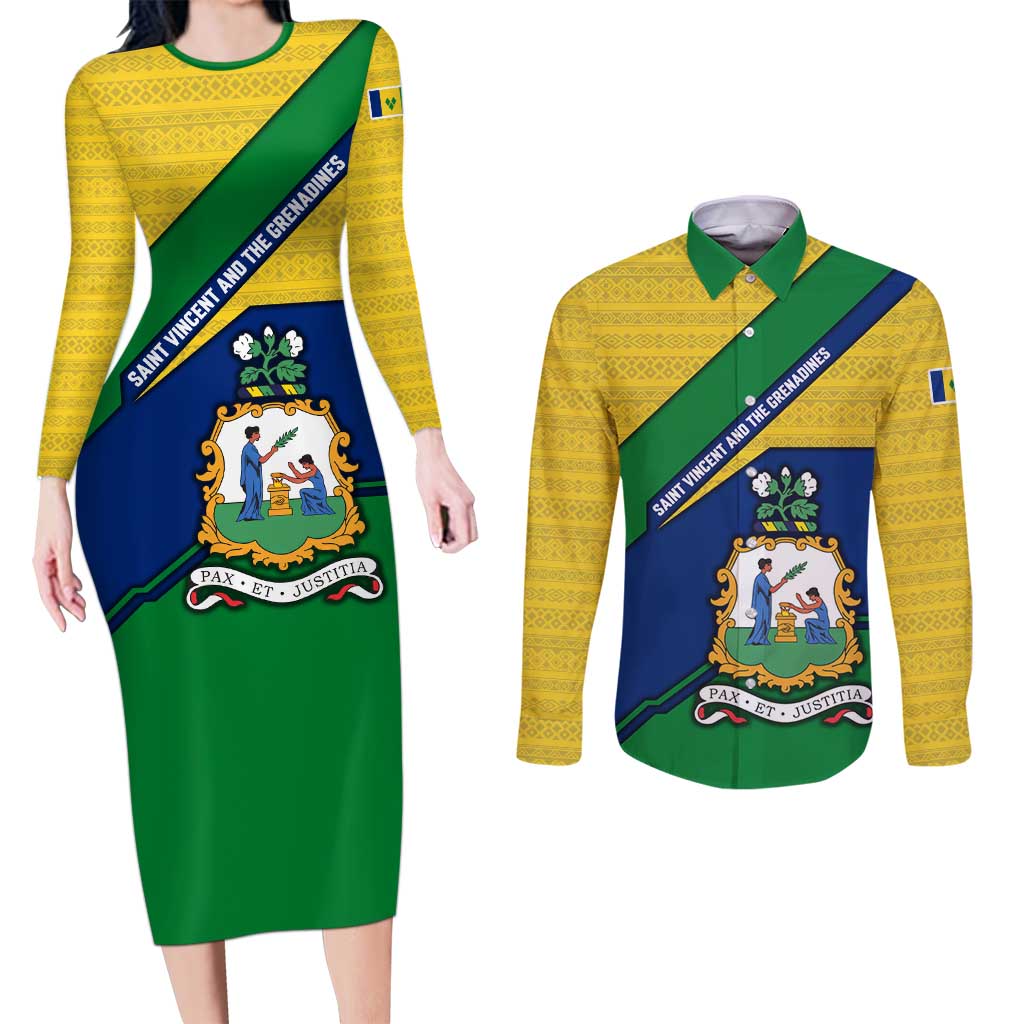 Saint Vincent and the Grenadines Flag Couples Matching Long Sleeve Bodycon Dress and Long Sleeve Button Shirt Coat of Arms and National Colors - Wonder Print Shop