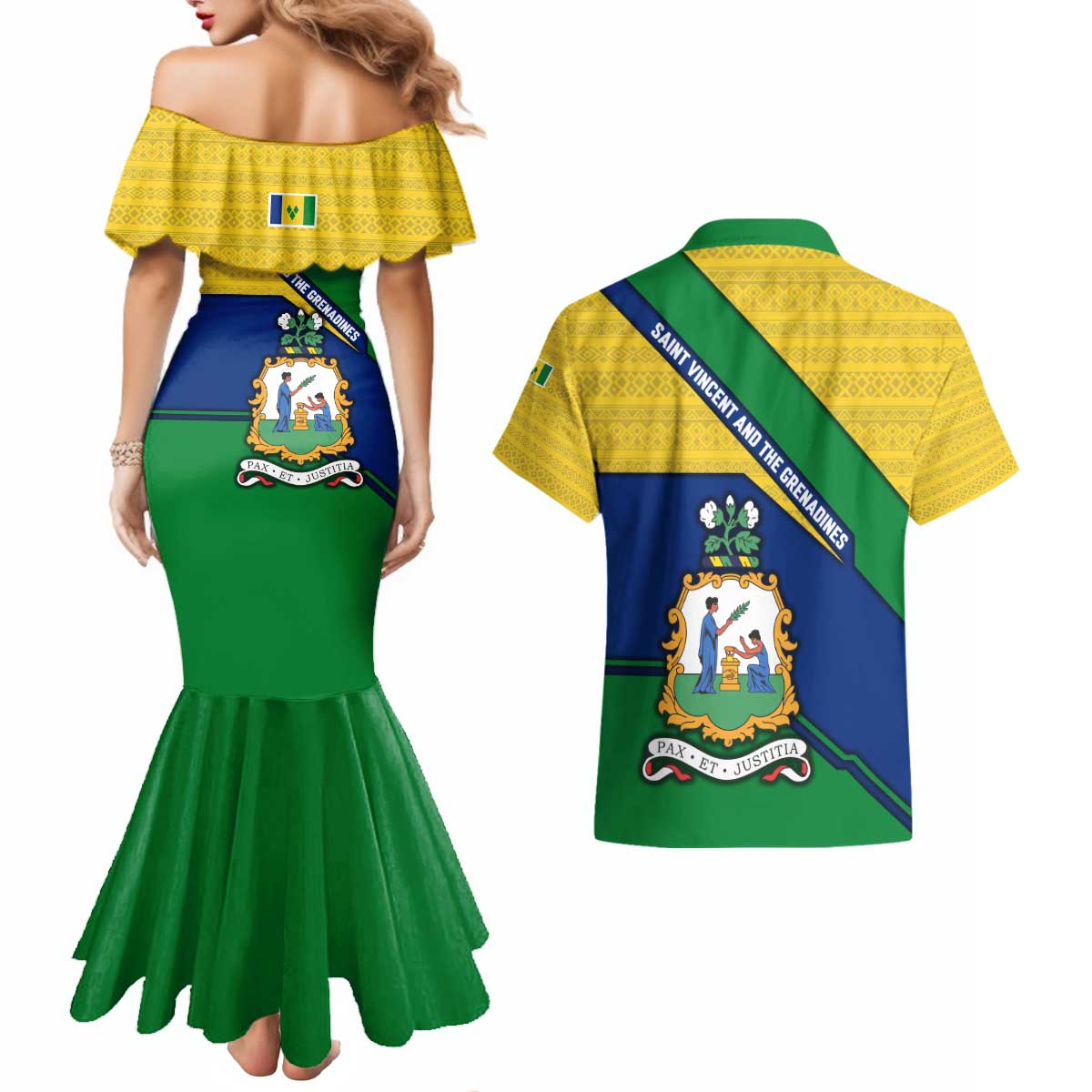 Saint Vincent and the Grenadines Flag Couples Matching Mermaid Dress and Hawaiian Shirt Coat of Arms and National Colors - Wonder Print Shop