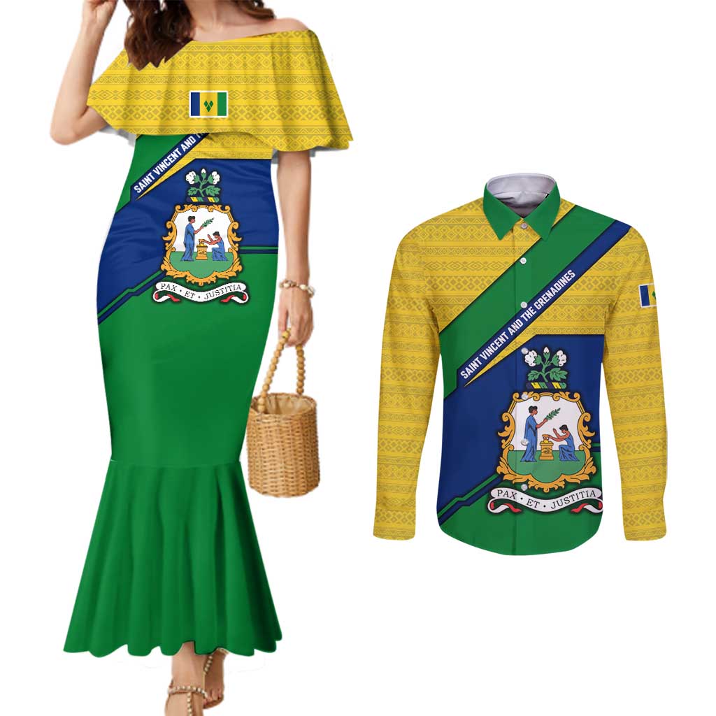 Saint Vincent and the Grenadines Flag Couples Matching Mermaid Dress and Long Sleeve Button Shirt Coat of Arms and National Colors - Wonder Print Shop