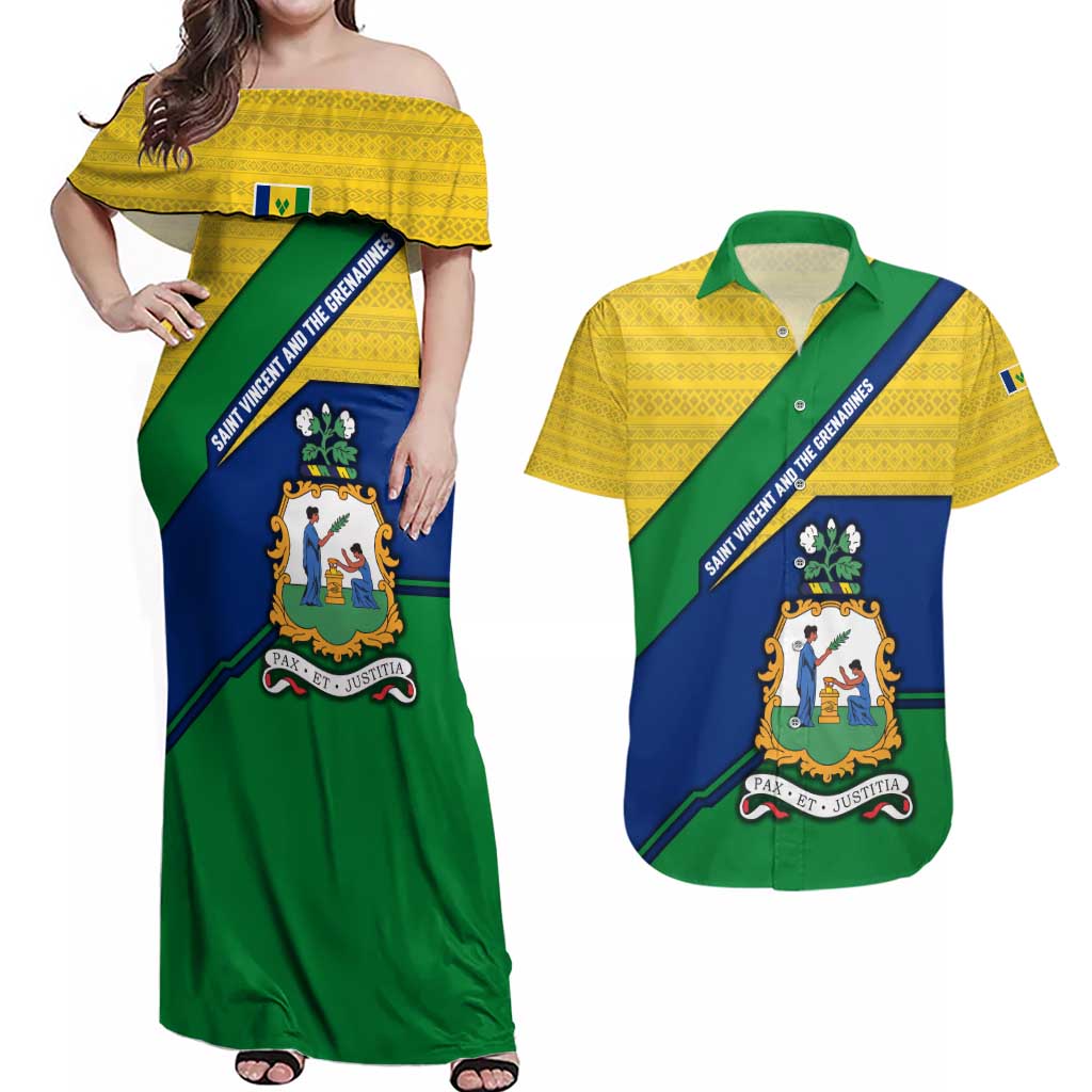 Saint Vincent and the Grenadines Flag Couples Matching Off Shoulder Maxi Dress and Hawaiian Shirt Coat of Arms and National Colors - Wonder Print Shop