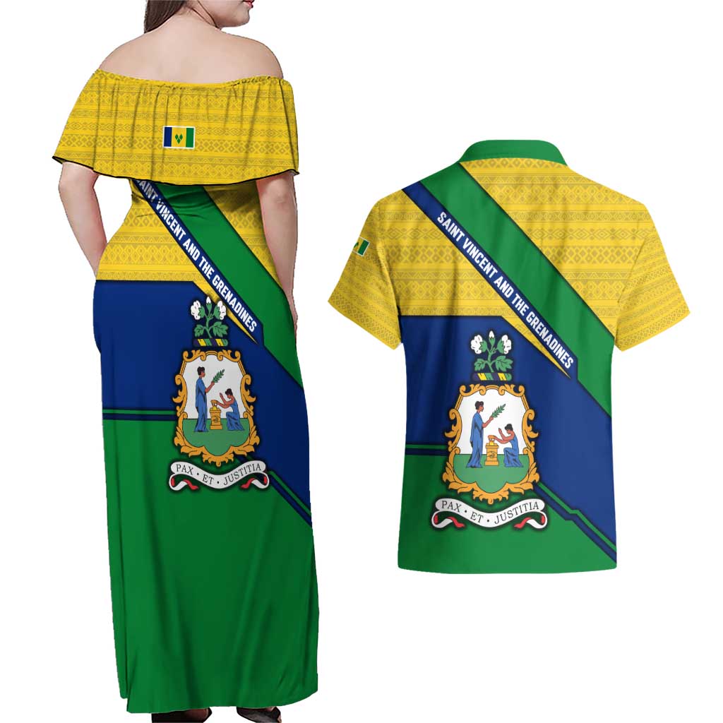 Saint Vincent and the Grenadines Flag Couples Matching Off Shoulder Maxi Dress and Hawaiian Shirt Coat of Arms and National Colors - Wonder Print Shop