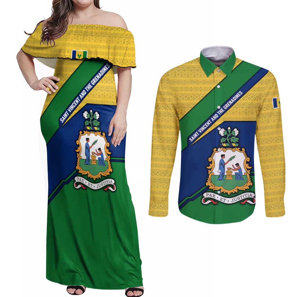 Saint Vincent and the Grenadines Flag Couples Matching Off Shoulder Maxi Dress and Long Sleeve Button Shirt Coat of Arms and National Colors - Wonder Print Shop