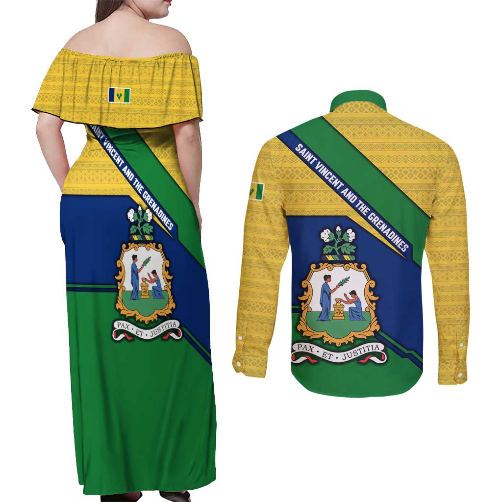 Saint Vincent and the Grenadines Flag Couples Matching Off Shoulder Maxi Dress and Long Sleeve Button Shirt Coat of Arms and National Colors - Wonder Print Shop
