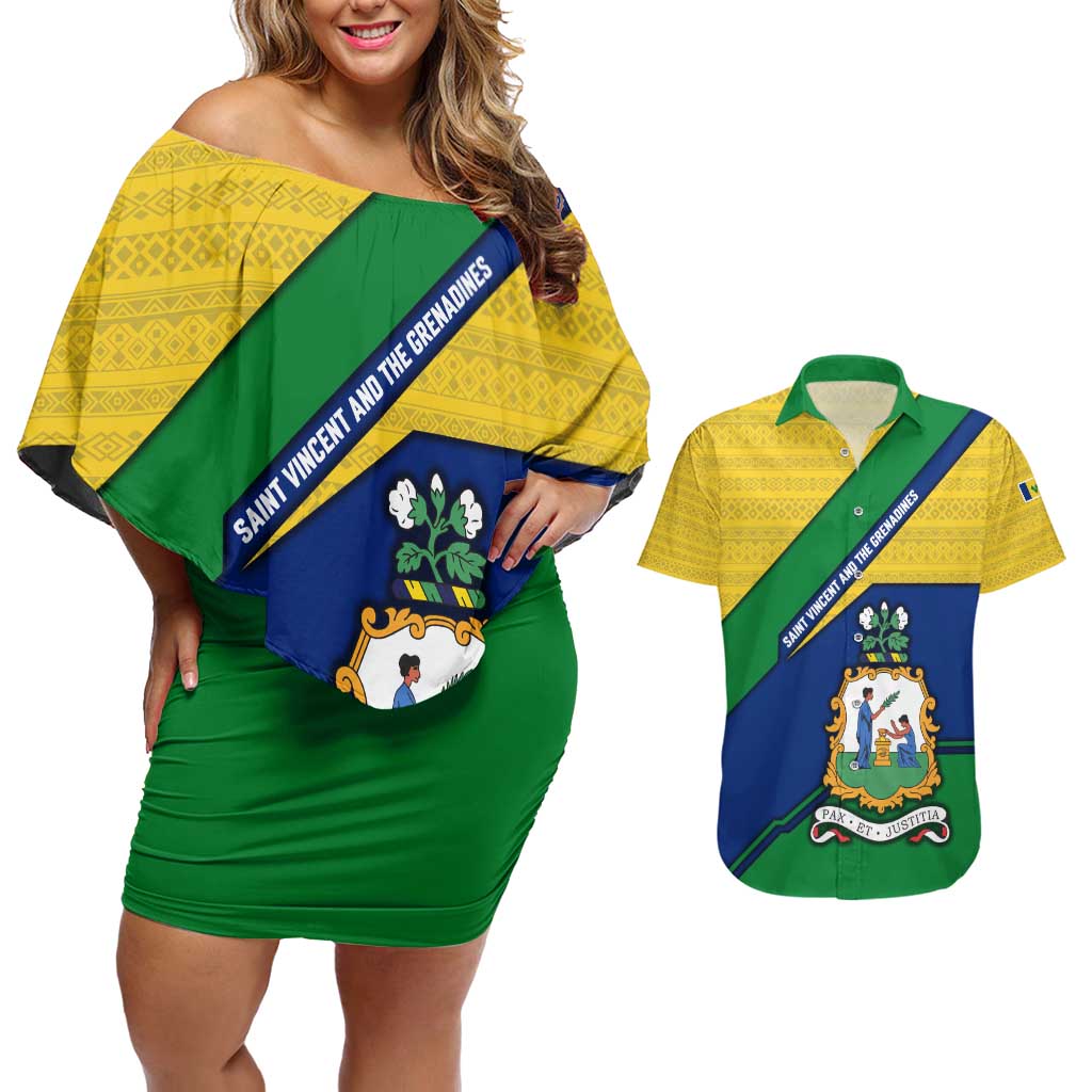 Saint Vincent and the Grenadines Flag Couples Matching Off Shoulder Short Dress and Hawaiian Shirt Coat of Arms and National Colors - Wonder Print Shop