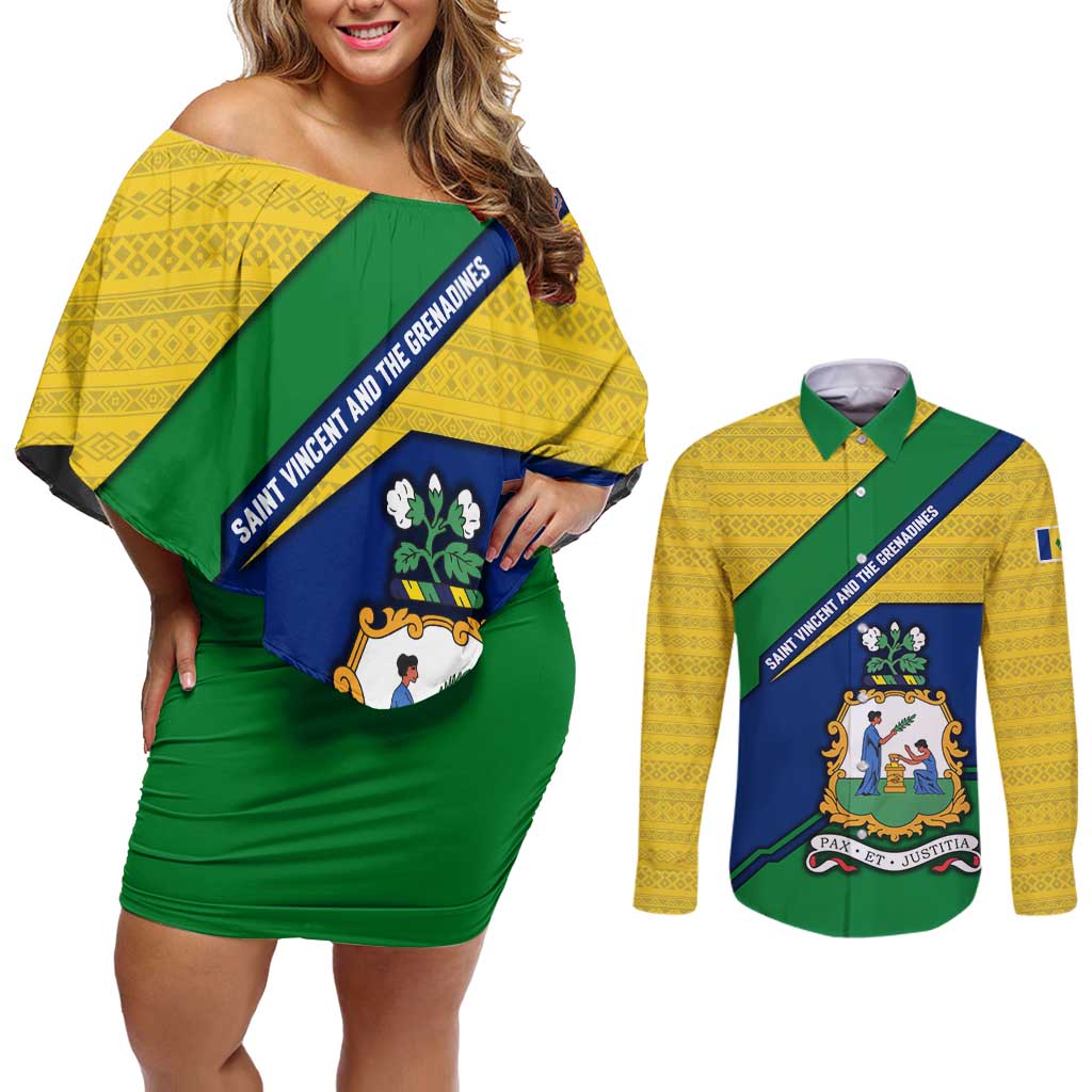 Saint Vincent and the Grenadines Flag Couples Matching Off Shoulder Short Dress and Long Sleeve Button Shirt Coat of Arms and National Colors - Wonder Print Shop
