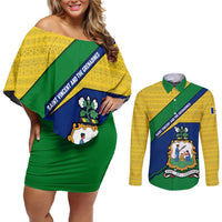 Saint Vincent and the Grenadines Flag Couples Matching Off Shoulder Short Dress and Long Sleeve Button Shirt Coat of Arms and National Colors - Wonder Print Shop