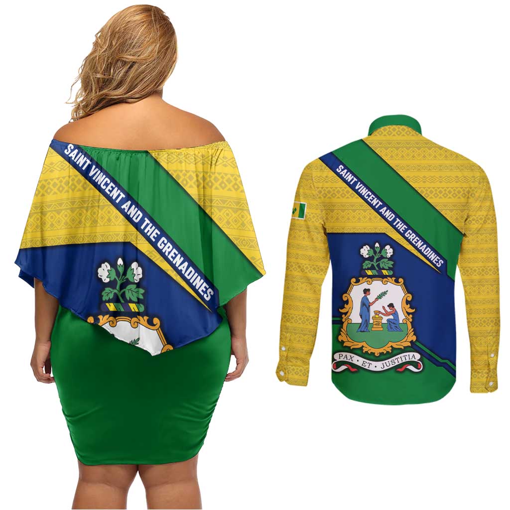 Saint Vincent and the Grenadines Flag Couples Matching Off Shoulder Short Dress and Long Sleeve Button Shirt Coat of Arms and National Colors - Wonder Print Shop