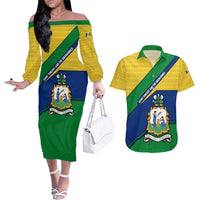 Saint Vincent and the Grenadines Flag Couples Matching Off The Shoulder Long Sleeve Dress and Hawaiian Shirt Coat of Arms and National Colors - Wonder Print Shop