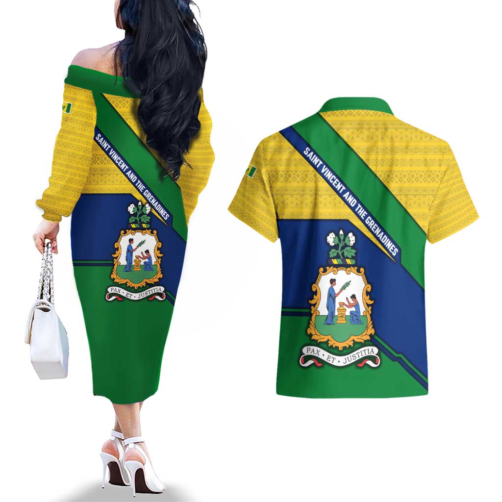 Saint Vincent and the Grenadines Flag Couples Matching Off The Shoulder Long Sleeve Dress and Hawaiian Shirt Coat of Arms and National Colors - Wonder Print Shop