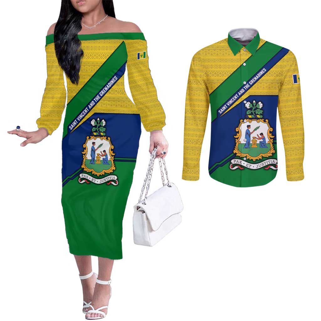 Saint Vincent and the Grenadines Flag Couples Matching Off The Shoulder Long Sleeve Dress and Long Sleeve Button Shirt Coat of Arms and National Colors - Wonder Print Shop