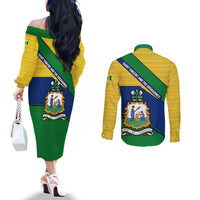 Saint Vincent and the Grenadines Flag Couples Matching Off The Shoulder Long Sleeve Dress and Long Sleeve Button Shirt Coat of Arms and National Colors - Wonder Print Shop