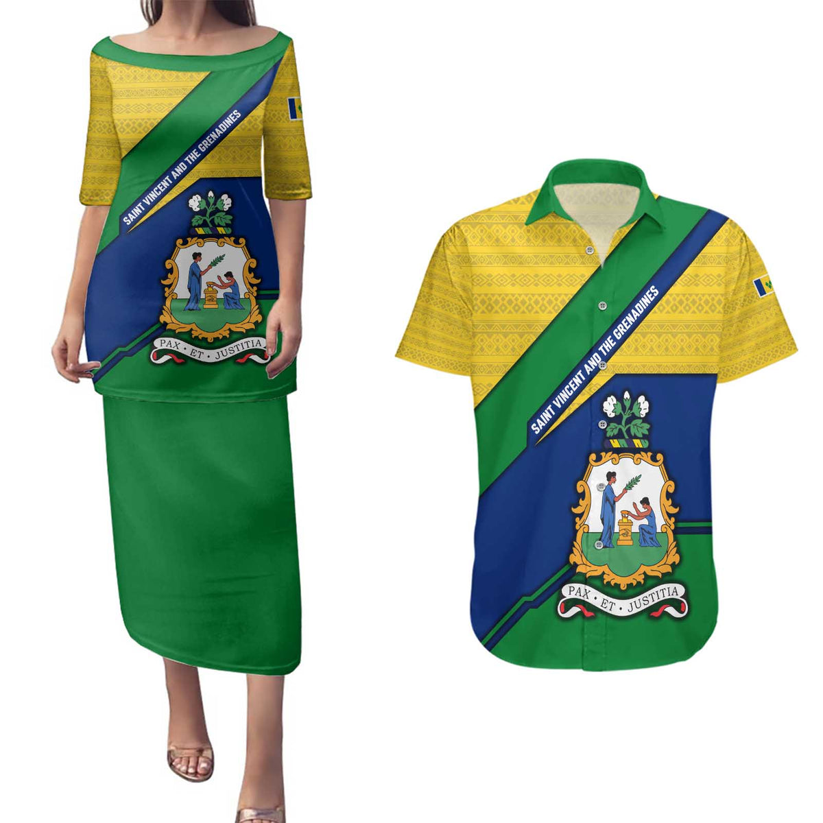Saint Vincent and the Grenadines Flag Couples Matching Puletasi and Hawaiian Shirt Coat of Arms and National Colors - Wonder Print Shop