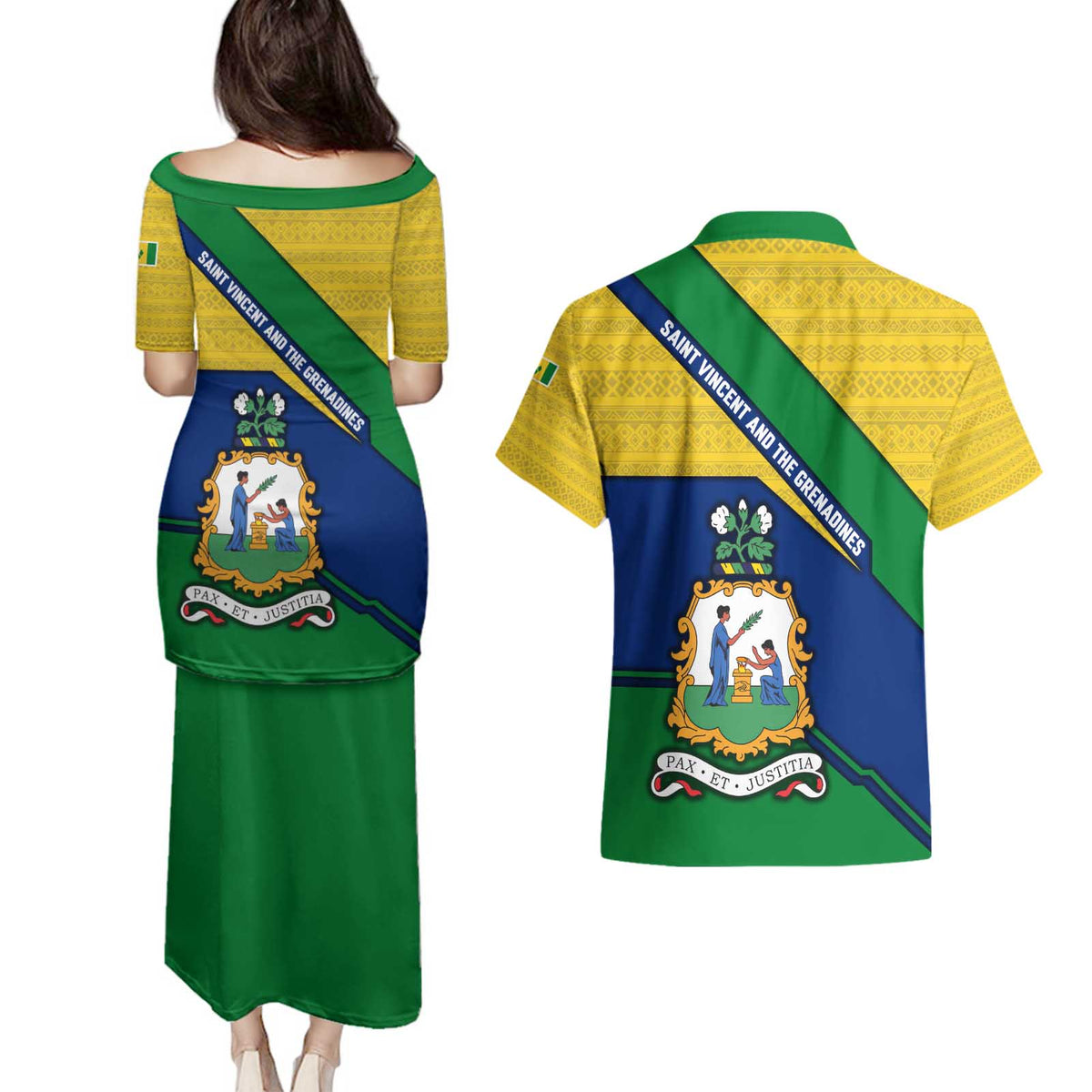 Saint Vincent and the Grenadines Flag Couples Matching Puletasi and Hawaiian Shirt Coat of Arms and National Colors - Wonder Print Shop