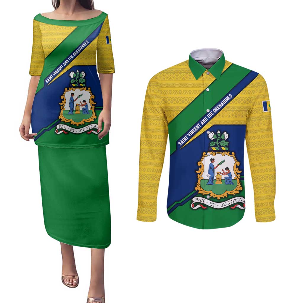 Saint Vincent and the Grenadines Flag Couples Matching Puletasi and Long Sleeve Button Shirt Coat of Arms and National Colors - Wonder Print Shop