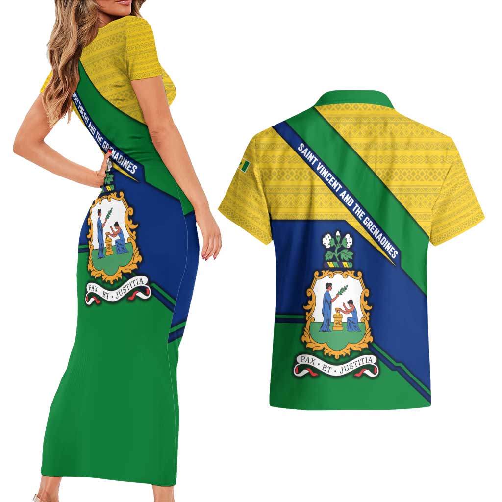 Saint Vincent and the Grenadines Flag Couples Matching Short Sleeve Bodycon Dress and Hawaiian Shirt Coat of Arms and National Colors - Wonder Print Shop