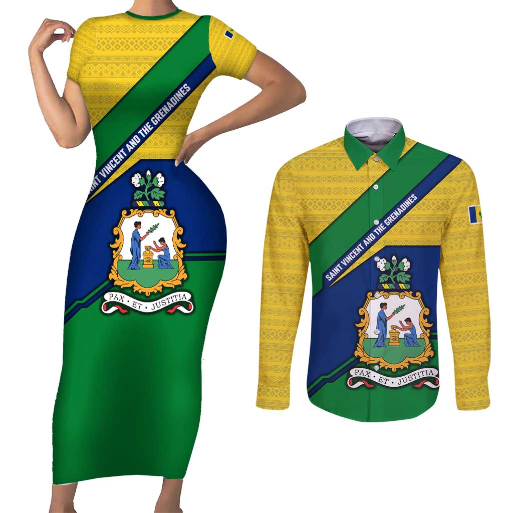Saint Vincent and the Grenadines Flag Couples Matching Short Sleeve Bodycon Dress and Long Sleeve Button Shirt Coat of Arms and National Colors - Wonder Print Shop