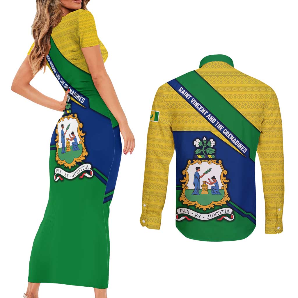 Saint Vincent and the Grenadines Flag Couples Matching Short Sleeve Bodycon Dress and Long Sleeve Button Shirt Coat of Arms and National Colors - Wonder Print Shop