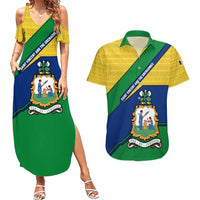 Saint Vincent and the Grenadines Flag Couples Matching Summer Maxi Dress and Hawaiian Shirt Coat of Arms and National Colors - Wonder Print Shop
