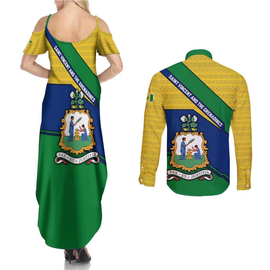 Saint Vincent and the Grenadines Flag Couples Matching Summer Maxi Dress and Long Sleeve Button Shirt Coat of Arms and National Colors - Wonder Print Shop
