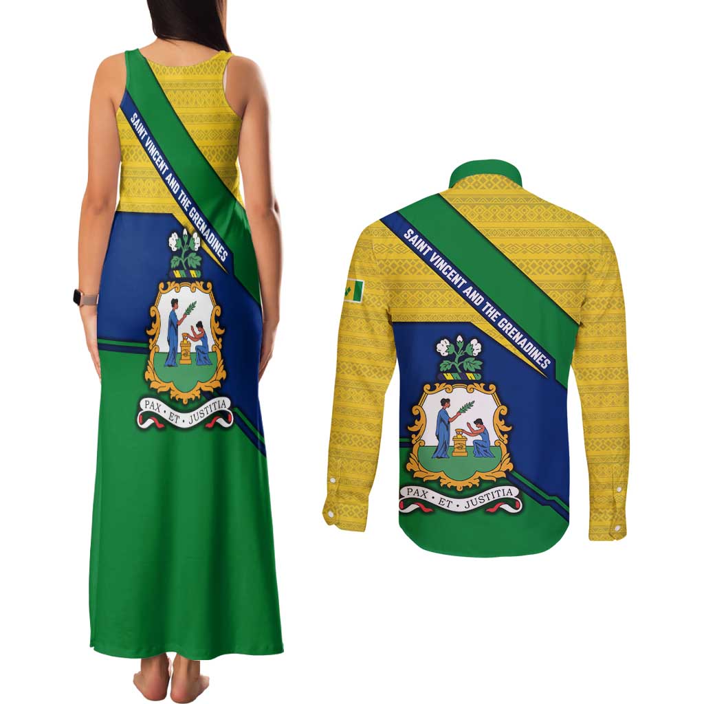 Saint Vincent and the Grenadines Flag Couples Matching Tank Maxi Dress and Long Sleeve Button Shirt Coat of Arms and National Colors - Wonder Print Shop
