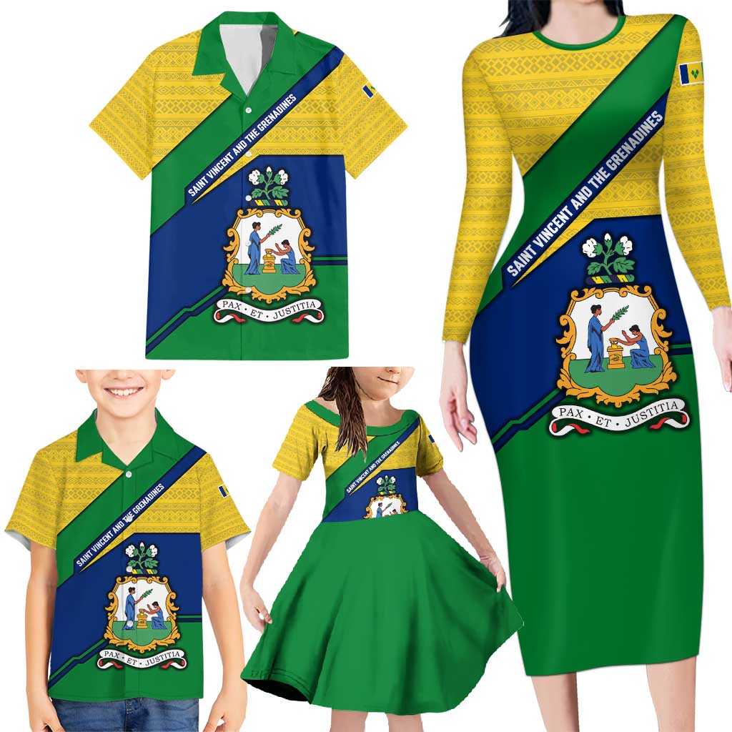 Saint Vincent and the Grenadines Flag Family Matching Long Sleeve Bodycon Dress and Hawaiian Shirt Coat of Arms and National Colors - Wonder Print Shop
