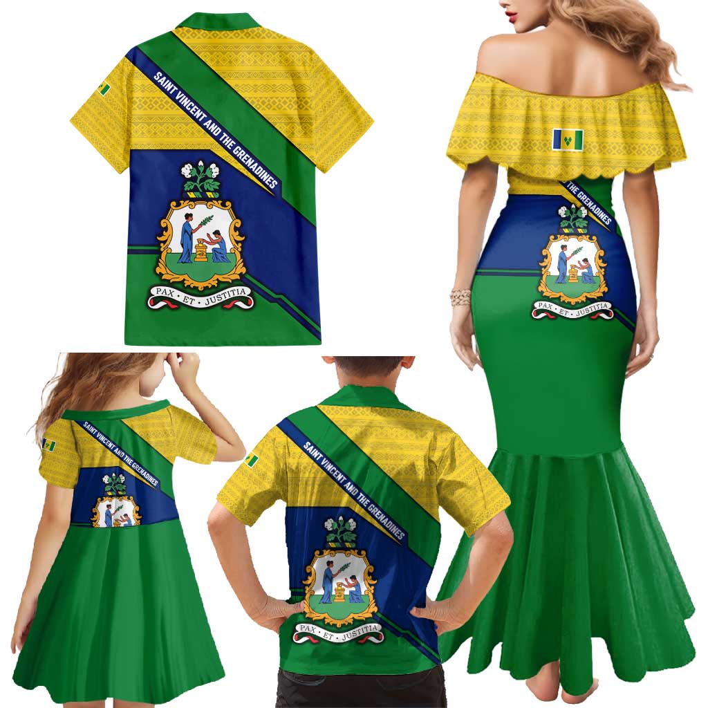 Saint Vincent and the Grenadines Flag Family Matching Mermaid Dress and Hawaiian Shirt Coat of Arms and National Colors - Wonder Print Shop