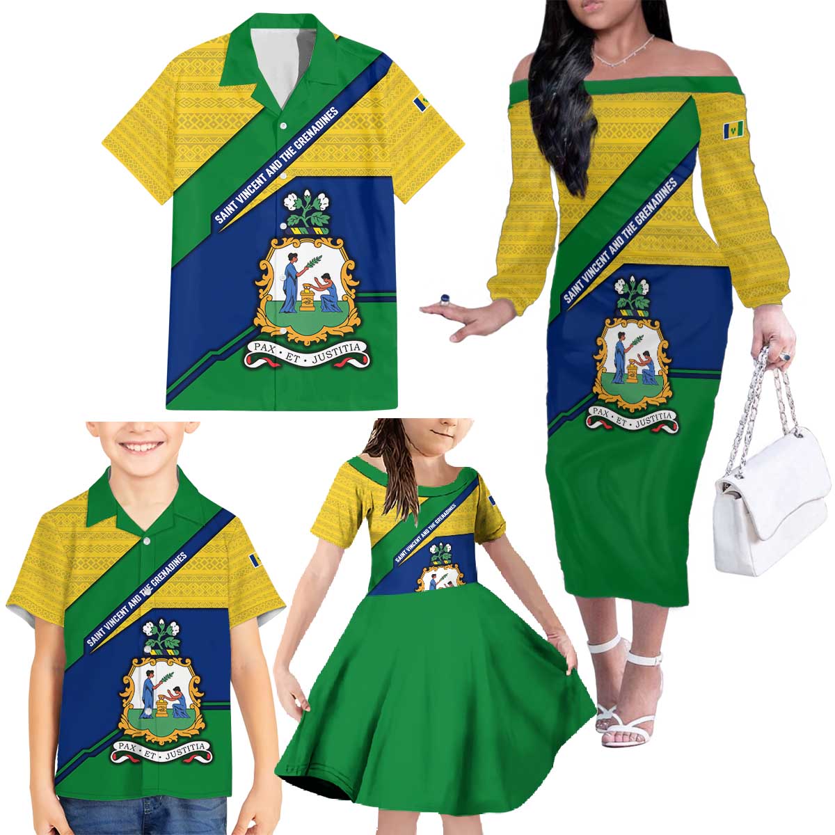 Saint Vincent and the Grenadines Flag Family Matching Off The Shoulder Long Sleeve Dress and Hawaiian Shirt Coat of Arms and National Colors - Wonder Print Shop