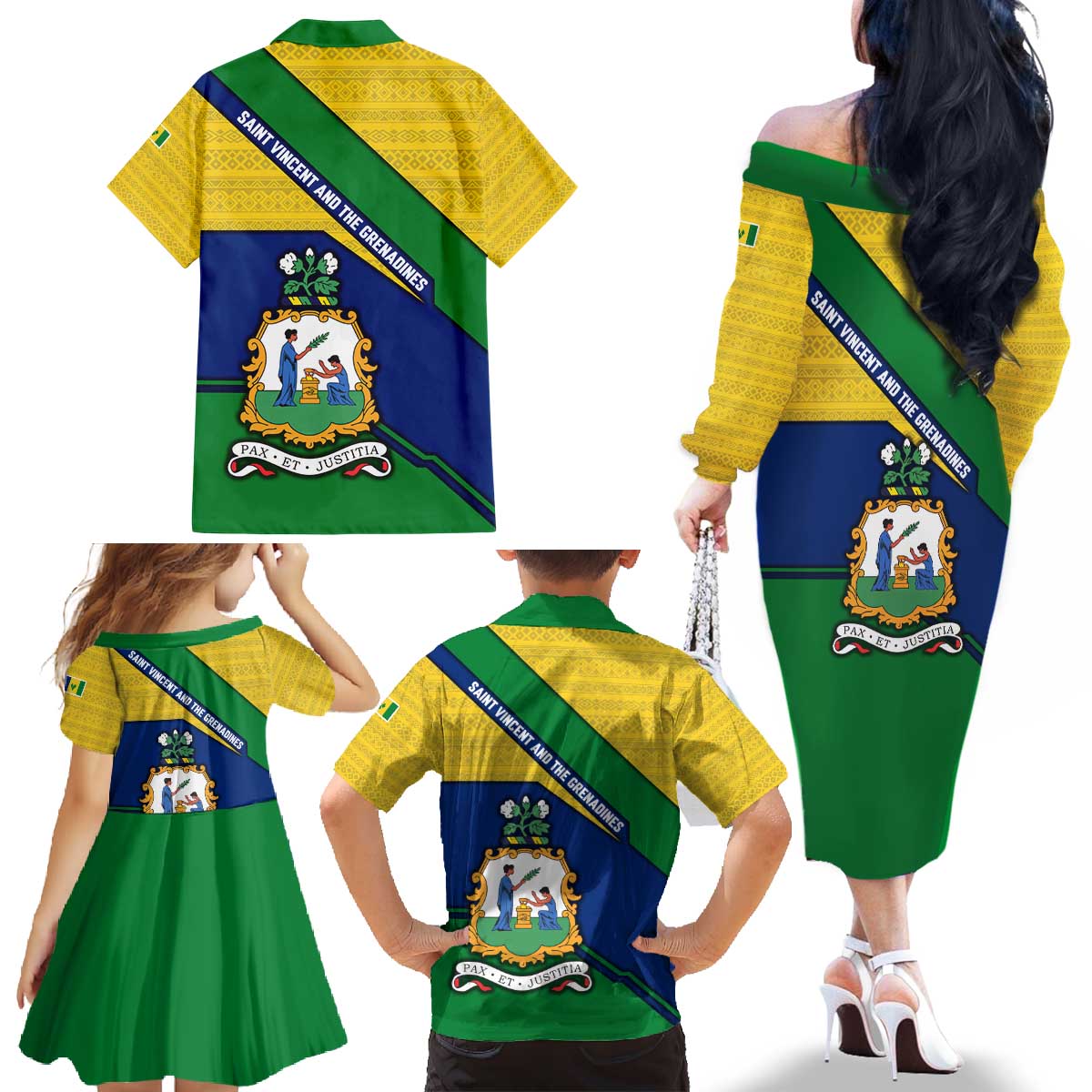 Saint Vincent and the Grenadines Flag Family Matching Off The Shoulder Long Sleeve Dress and Hawaiian Shirt Coat of Arms and National Colors - Wonder Print Shop