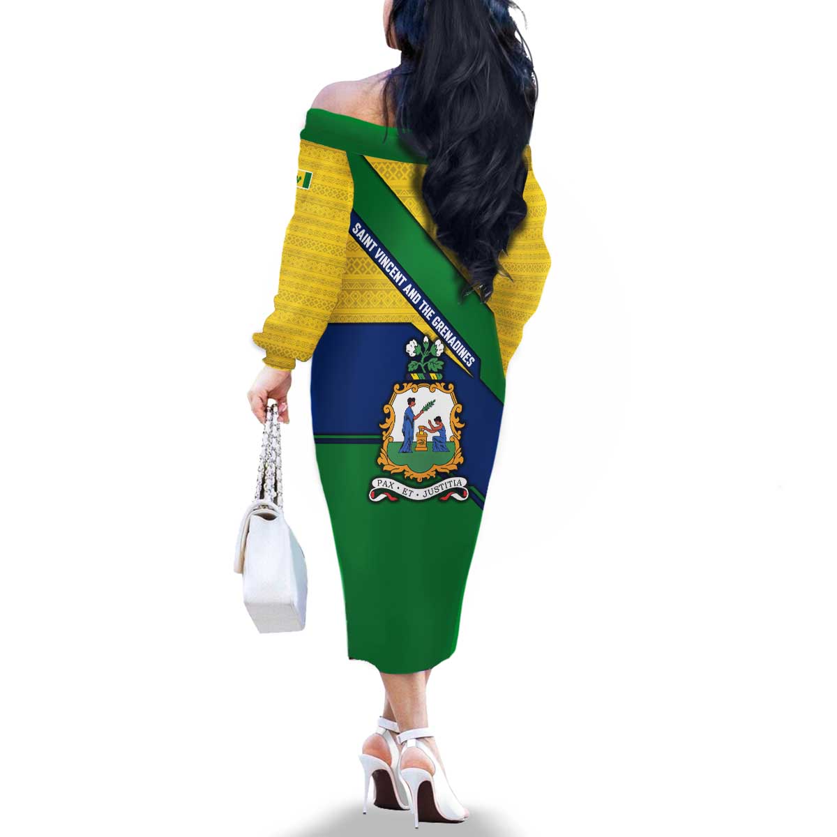Saint Vincent and the Grenadines Flag Family Matching Off The Shoulder Long Sleeve Dress and Hawaiian Shirt Coat of Arms and National Colors - Wonder Print Shop