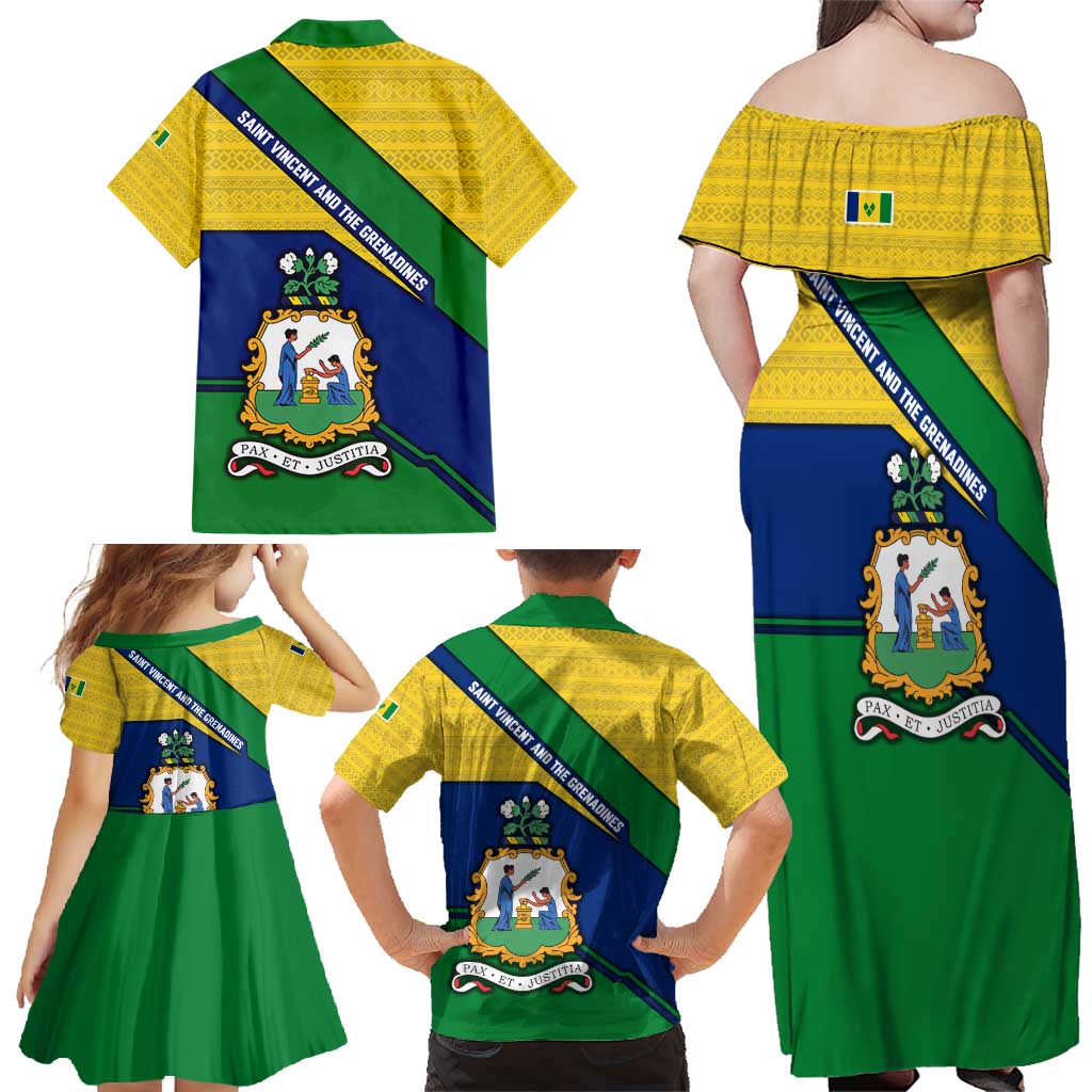 Saint Vincent and the Grenadines Flag Family Matching Off Shoulder Maxi Dress and Hawaiian Shirt Coat of Arms and National Colors - Wonder Print Shop