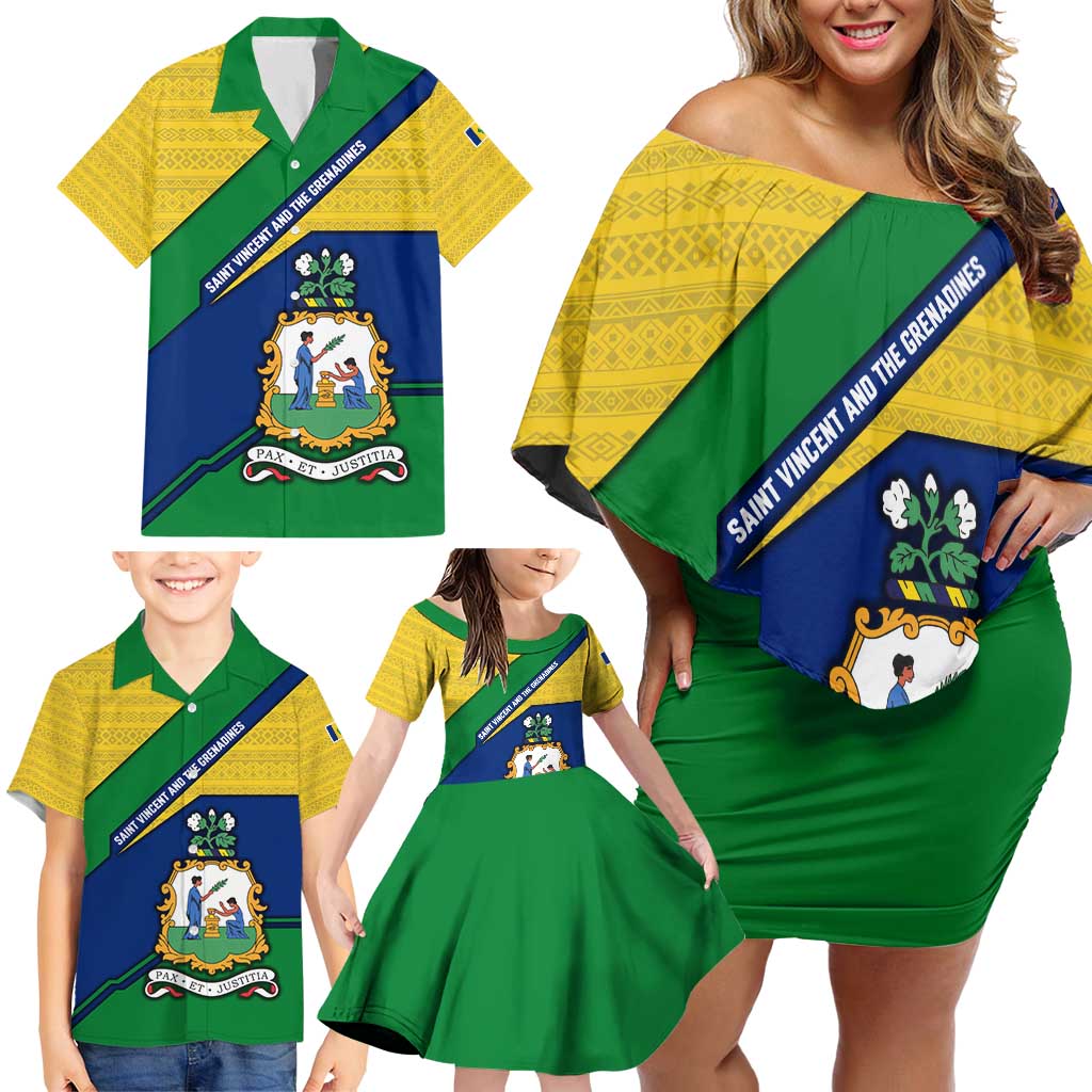 Saint Vincent and the Grenadines Flag Family Matching Off Shoulder Short Dress and Hawaiian Shirt Coat of Arms and National Colors - Wonder Print Shop