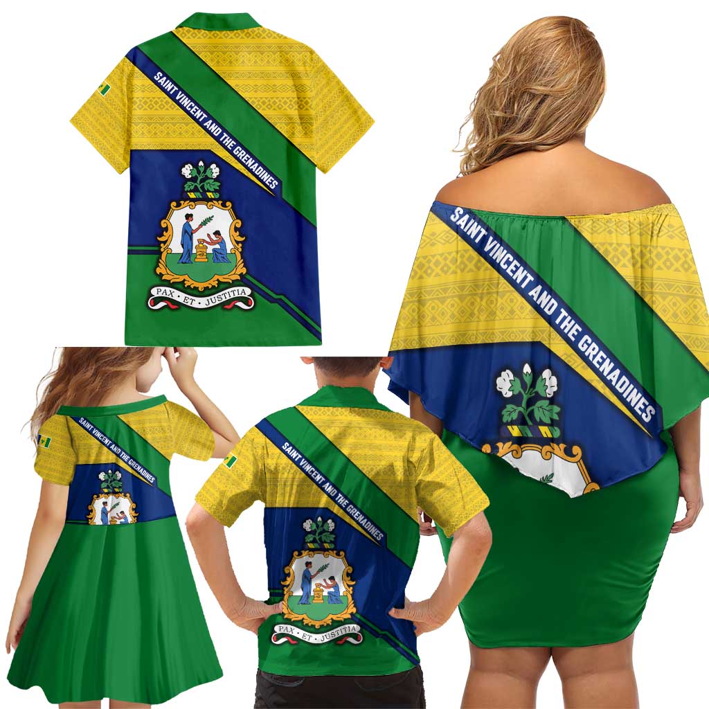 Saint Vincent and the Grenadines Flag Family Matching Off Shoulder Short Dress and Hawaiian Shirt Coat of Arms and National Colors - Wonder Print Shop