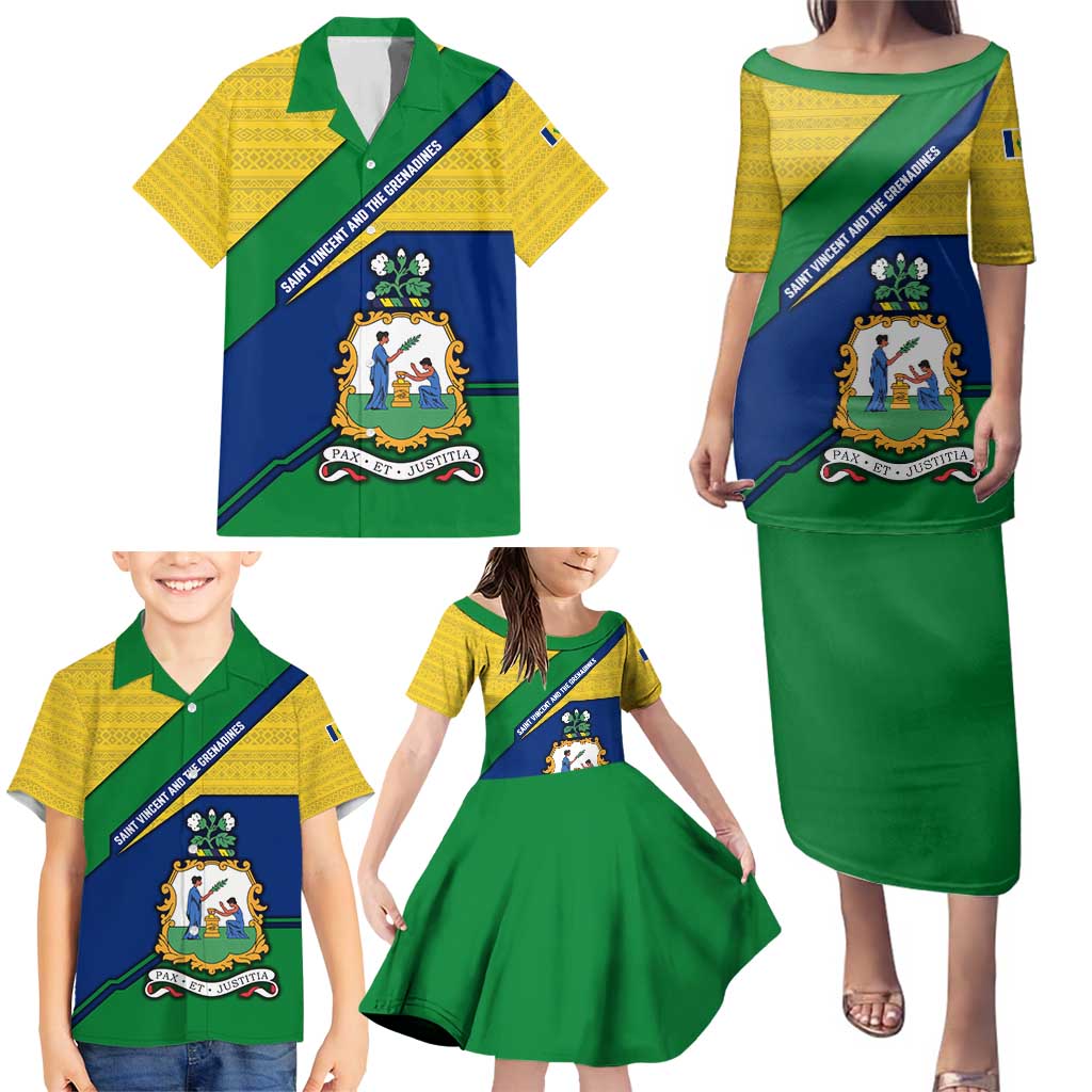 Saint Vincent and the Grenadines Flag Family Matching Puletasi and Hawaiian Shirt Coat of Arms and National Colors - Wonder Print Shop